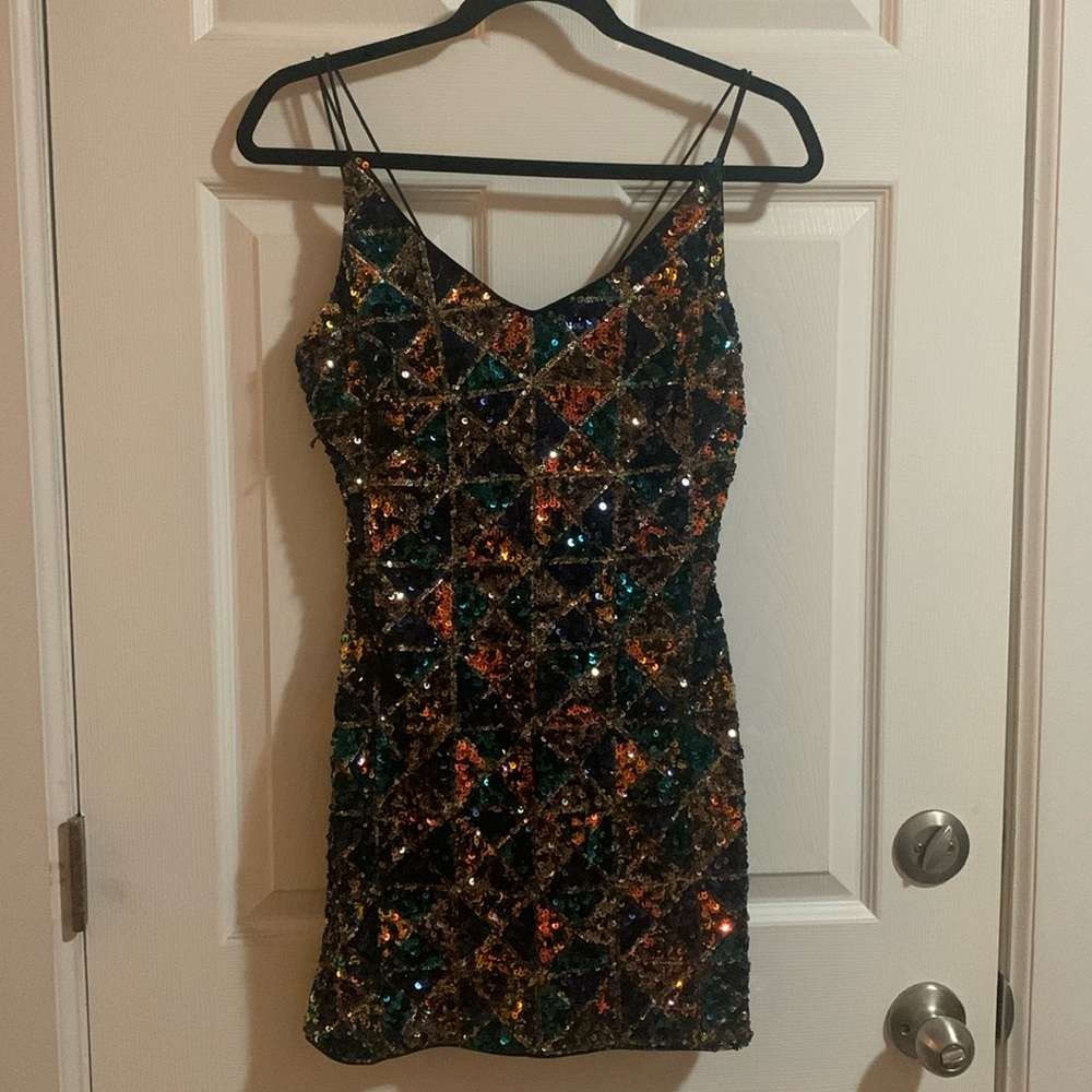 Lulu’s Starry Shine Blue Multi Sequin Bodycon Mini Dress, Size Small